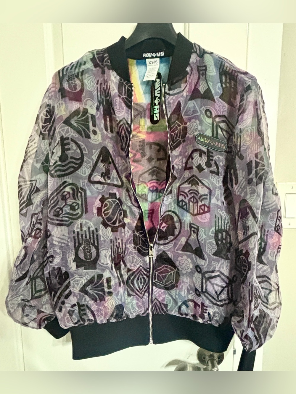 NWT MEOW WOLF + HS FACTORY Multicolor Sheer Graphic Bomber Jacket Size XS/S
